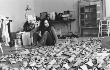 Wilke Hannah Wilke at Westbeth NY with one fold gestural ceramic sculptures before firing 1973 1 1